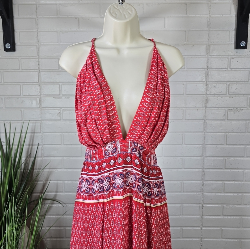 Southern Fried Chicks Boho Floral Paisley Strappy Maxi Dress size Small Red Blue - Picture 5 of 9